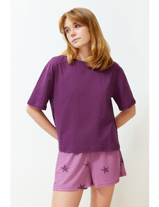 Trendyol Plum 100% Cotton Star Patterned Knitted Pajamas Set