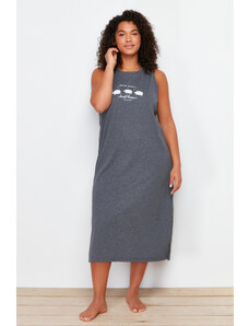 Trendyol Curve Anthracite Printed Midi Oversized Knitted Nightgown