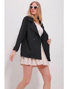 Trend Alaçatı Stili Women's Black Double Breasted Collar Buttoned Double Sleeve Atlas Jacket