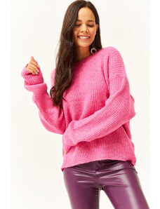 Olalook femei Fuchsia echipaj gât moale texturat tricotaje pulover