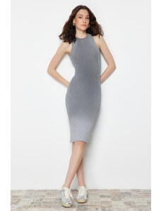 Trendyol Gray Pale Spray Painting Effect Fitted/Fitted Midi Knitted Midi Dress