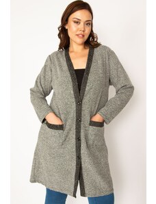 Şans Women's Plus Size Gray Marked Boucle Fabric Unlined Pocket Jacket