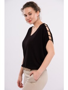 Şans Women's Plus Size Black Viscose Tunic With Decollete Pearl Detailed