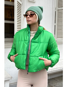 Trend Alaçatı Stili femei verde deschis Stand Up Guler cu buzunar dublu Puffer Puffer Coat cu talie elastică
