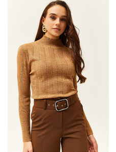 Olalook Women's Camel Half Turtleneck Zigzag Textured Soft Knitwear Sweater