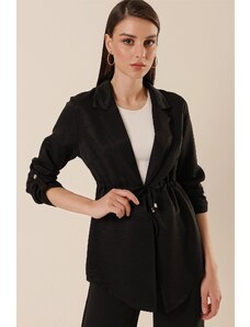 By Saygı Shawl Collar With Folded Sleeves, Drawstring Waist Airobine Jacket Black