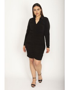 Şans Women's Plus Size Black Dress With Collar And Collar Detail