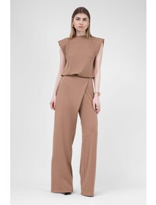 BLUZAT Camel Set With T-shirt And Asymmetrical Wide Leg Trousers