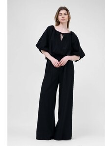 BLUZAT Black Linen Matching set with flowy blouse and wide leg trousers