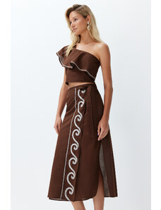 Trendyol Brown Woven Flounce Single Shoulder 100% Cotton Blouse Skirt Set