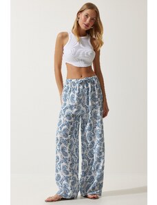 Happiness İstanbul Women's White Light Blue Patterned Raw Linen Palazzo Trousers