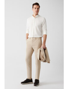 Avva Men's Beige Side Pocket Dobby Knitted Fabric Slim Fit Trousers