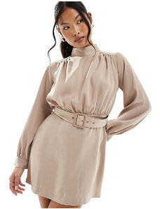 Closet London Petite high neck belted mini dress in mocha-Brown