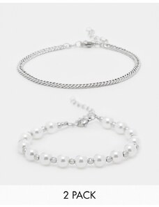 Lost Souls stainless steel beaded pearl and stainless steel chain bracelet 2 pack in white