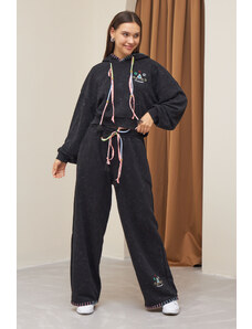Laluvia Anthracite Embroidered Tassel Detailed Tracksuit Set