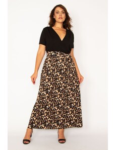 Şans Women's Plus Size Leopard Patterned Leopard Print Long Dress with Belted Waist, Wrapped Collar, Belted
