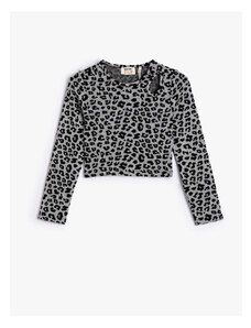 Koton Crop T-Shirt Window Detailed Long Sleeve Leopard Print Round Neck
