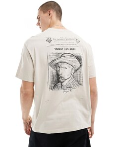 Bershka Van Gogh boxy printed t-shirt in beige-Neutral