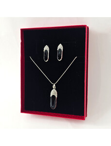 Set accesorii Feeling, din inox, cu cercei, lantisor si pandativ cu cristale, in cutie eleganta, Trust argintiu/negru
