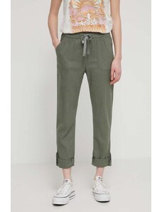 Roxy pantaloni din in lniane On the Seashore femei, culoarea verde, drept, high waist ERJNP03294
