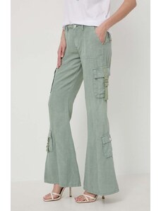 Guess pantaloni din amestec de in CLAY culoarea verde, evazati, high waist, W4GA88 WG8N0