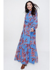 By Saygı Top plisat cu model de frunze de talie cu centura captusita rochie lunga din sifon albastru