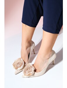 LuviShoes JASON Women's Beige Floral Stiletto Heel Shoes