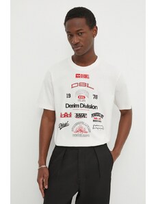 Diesel tricou din bumbac T-JUST-N14 bărbați, culoarea bej, cu imprimeu, A13284.0QIAM