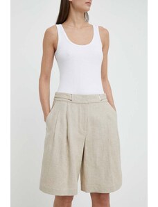 Remain pantaloni scurti din in culoarea bej, neted, high waist