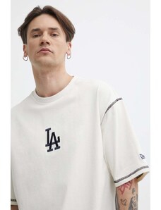 New Era tricou din bumbac barbati, culoarea bej, cu imprimeu, LOS ANGELES DODGERS