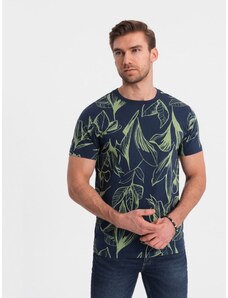 Ombre Clothing Men's full-print t-shirt in contrasting leaves - navy blue V5 OM-TSFP-0180