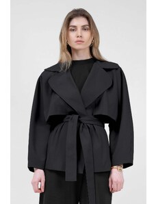 BLUZAT Black short trench coat with waist belt