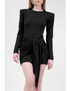 BLUZAT Mini Black Dress With Scarf And Pleats