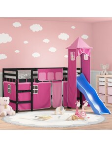 OrlandoKids Pat etajat de copii cu turn, roz, 90x190 cm, lemn masiv pin