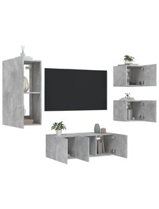 OrlandoKids Unitati TV de perete cu LED-uri 5 piese gri beton lemn compozit