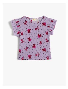Koton Floral T-Shirt, Textured Round Neck with Ruffles