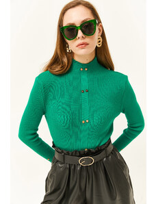 Olalook femei iarbă verde gât înalt nasture garnisit lycra tricotaje pulover