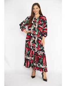 Şans Women's Colorful Plus Size Woven Viscose Fabric Front Buttoned Hem Tiered Long Sleeve Dress