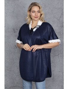Şans Women's Plus Size Navy Blue Faux Für Detailed Quilted Patterned Cap