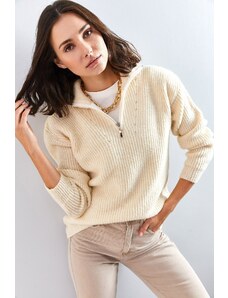 Bianco Lucci femei cu fermoar turtleneck pulover tricotaje supradimensionate
