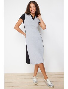 Trendyol Black Polo Neck Color Blocked Skater/Waisted Cotton Stretchy Knitted Midi Dress