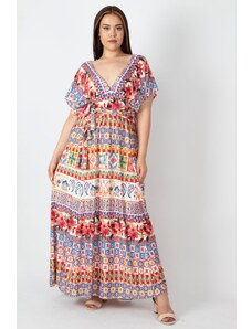 Şans Women's Plus Size Colorful Back Detailed Long Colorful Dress