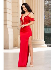 Rochie rosie eleganta lunga Simina cu paiete si inchidere tip corset InPuff