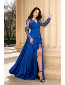 Rochie de seara Ivette albastru-royal din dantela si fusta din tafta InPuff