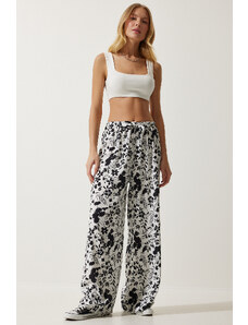 Happiness İstanbul Women's White Patterned Flowy Viscose Palazzo Trousers