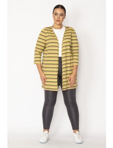 Şans Women's Plus Size Khaki Striped Viscose Cardigan