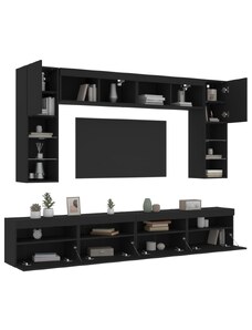 OrlandoKids Set comode TV de perete, 8 piese, cu lumini LED, negru