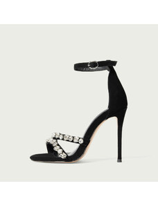 ALURA PREMIUM Sandale elegante cu toc subțire Elyse negre din piele întoarsă cu cristale albe (Mărime: 36)