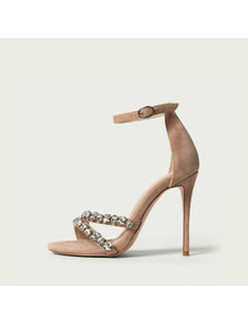 ALURA PREMIUM Sandale elegante cu toc subțire Elyse bej din piele întoarsă cu cristale albe (Mărime: 35)