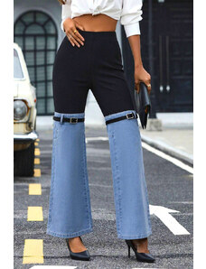 FashionForYou Pantaloni evazati Hybrid Style, din denim si curele decorative, Albastru deschis (Marime: S)